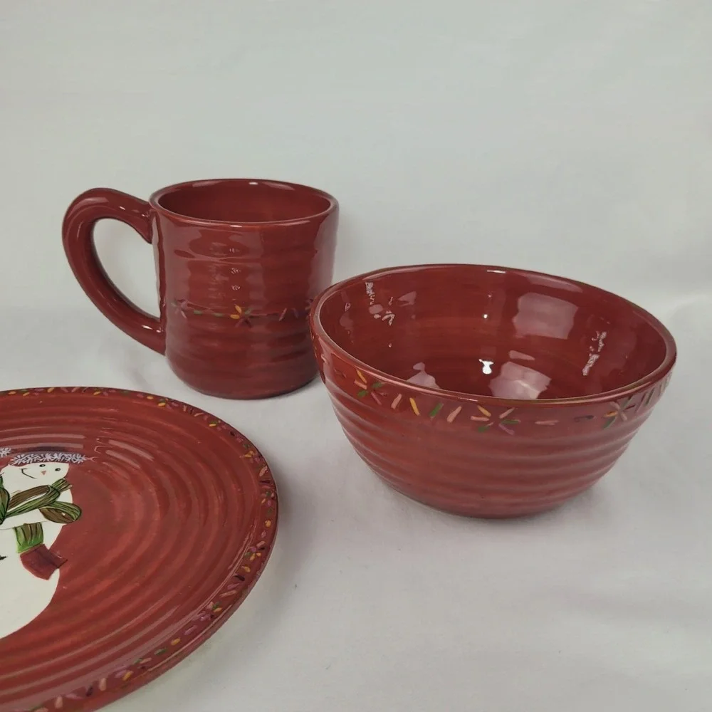 Tracy Porter Jingle Bell Snowman Red 3pc Set Plate Bowl Mug Christmas Ceramic